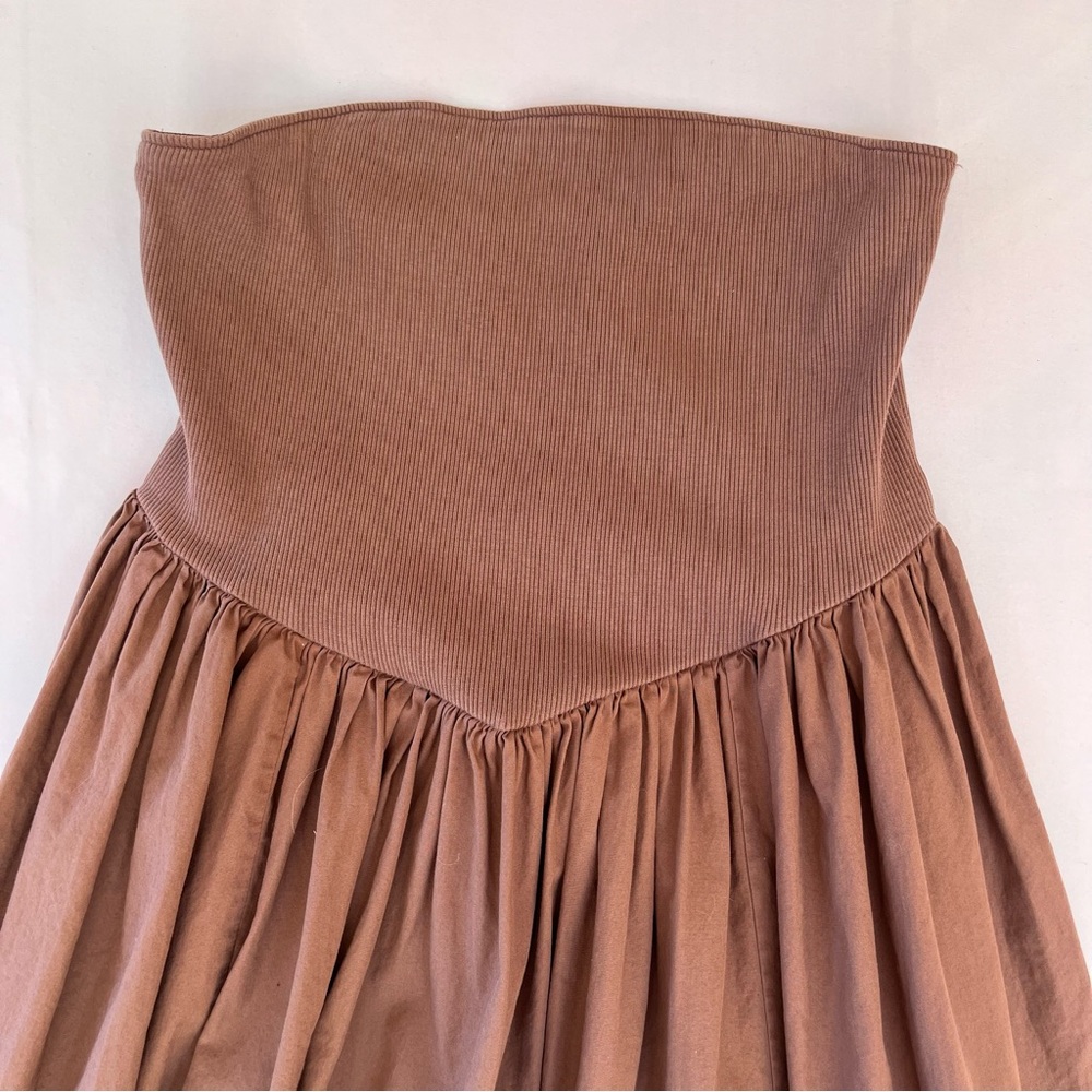 Anthropologie Brown Strapless Mini Dress Large Cotton‎ Boho Indie Quiet Luxury - Picture 4 of 11